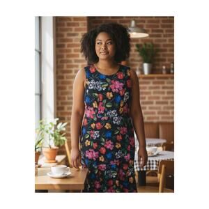 Calvin Klein Floral Sleeveless Midi Dress Black Multicolor Zip Back SZ 10 Party